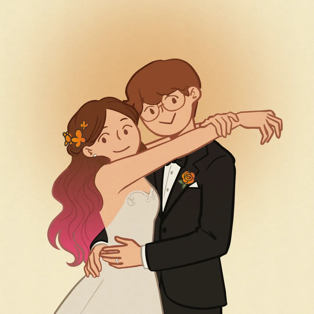 Illustration of Sara and Federico embracing in their wedding clothes